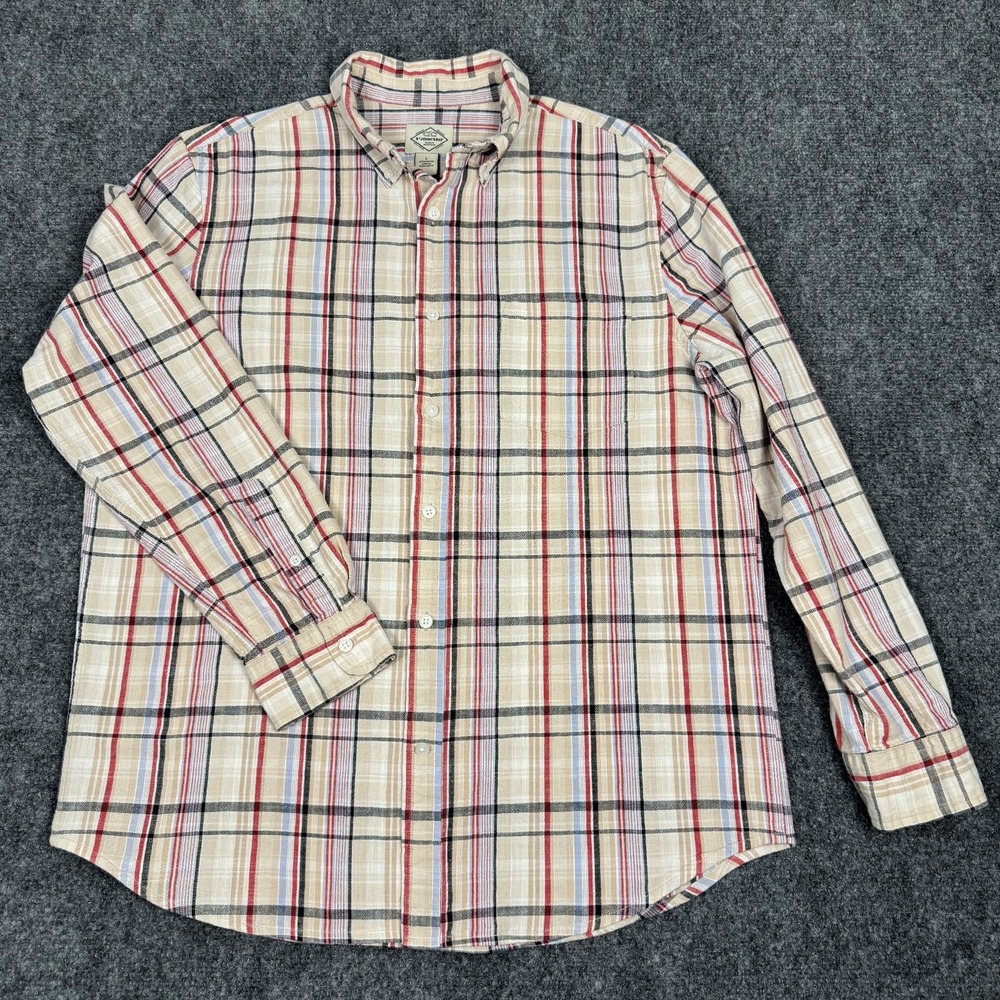 St Johns Bay Mens Sz L Plaid Long Sleeve Red Tan Blue Black Western Shirt